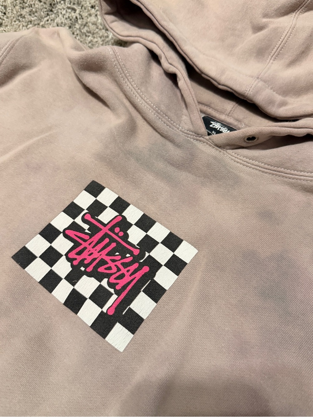 Stussy Mauve Hoodie with Pink Logo Checkerboard